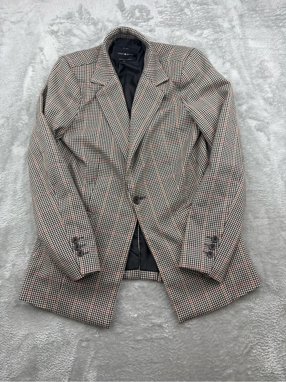 Lucky Brand Plaid Blazer Coat Size Small/Petite Tan Black Red Check‎ Jacket